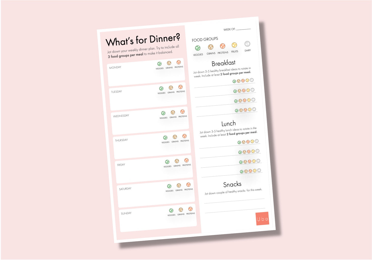 meal planner pdf image with drop shadow over pink background